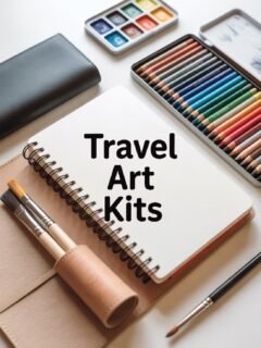 Travel art kits with colored pencils, watercolors, and brushes on a desk, ready for creative adventures.