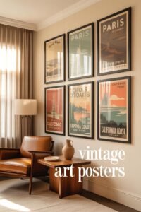 Vintage posters in cozy living room with leather chair and modern decor.