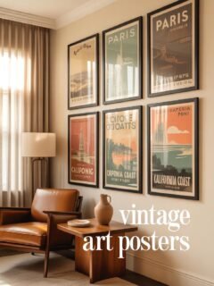 Vintage posters in cozy living room with leather chair and modern decor.