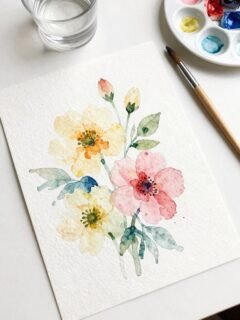 Watercolor painting of pink and yellow flowers with a brush and paint palette on a table.
