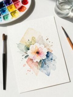 Watercolor floral painting with brushes and color palette on white paper in bright sunlight.