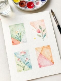 Watercolor floral paintings and supplies on a table; includes a brush and paint palette.