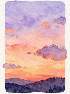 Watercolor sunset over hills with purple and pink clouds in a serene sky.