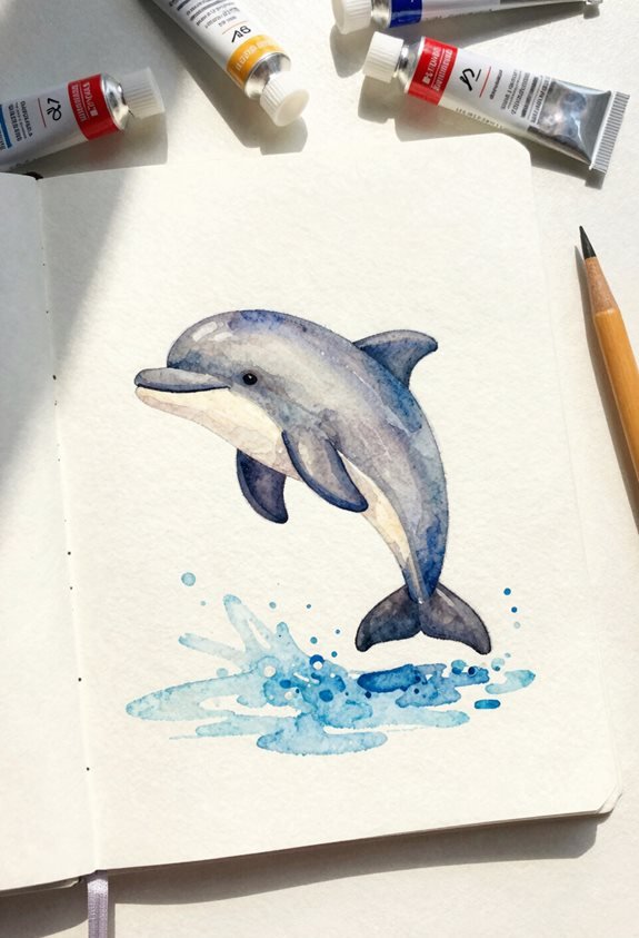 dolphin joyfully splashing watercolor