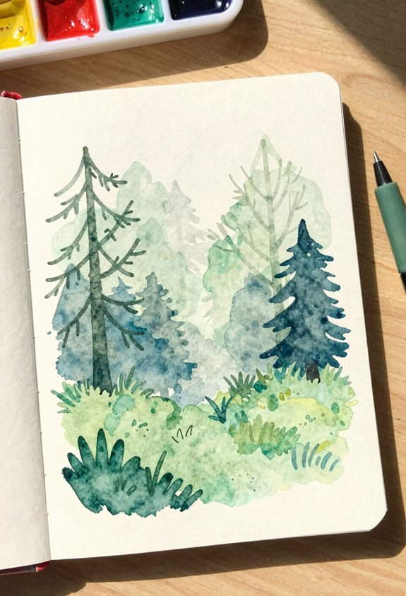 misty forest watercolor silhouette