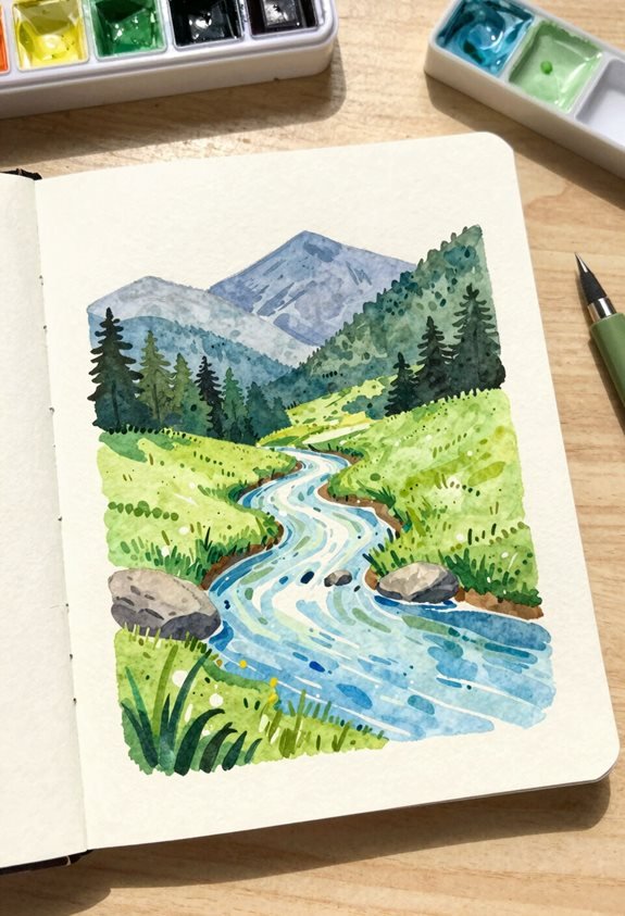 mountain stream watercolor tranquility