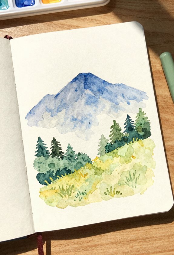 serene soft watercolor mountains