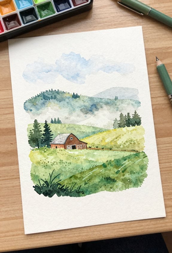 serene watercolor farm landscape