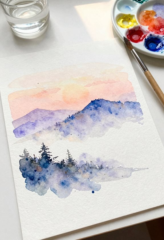 serene watercolor mountain dawn