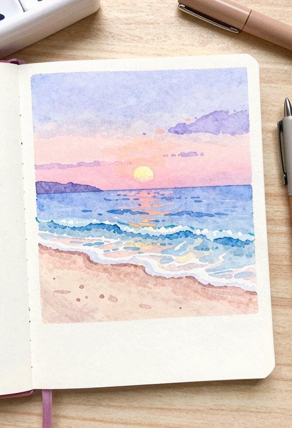 twilight beach watercolor tranquility