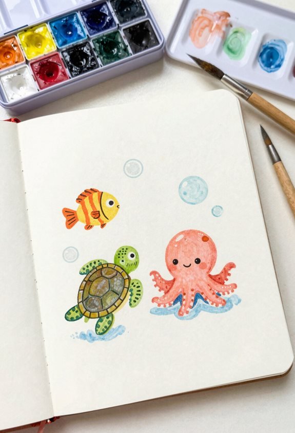 underwater bubble watercolor scene