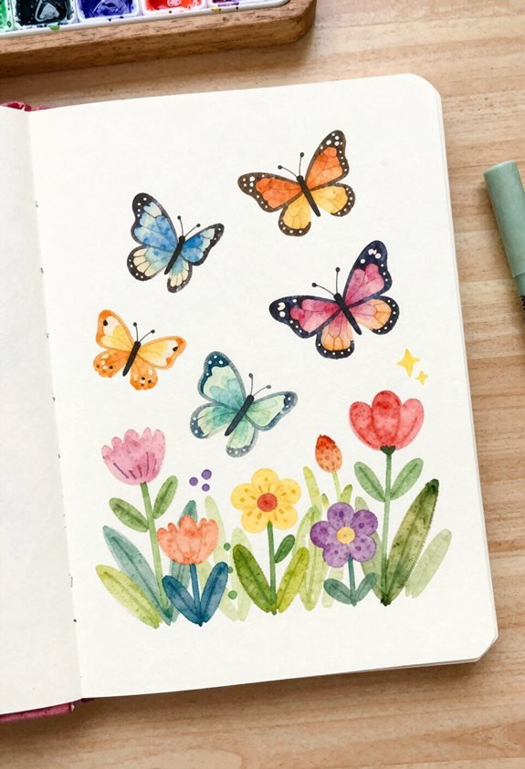 vibrant butterfly garden watercolor