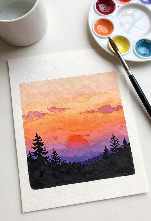 vibrant sunset silhouette painting