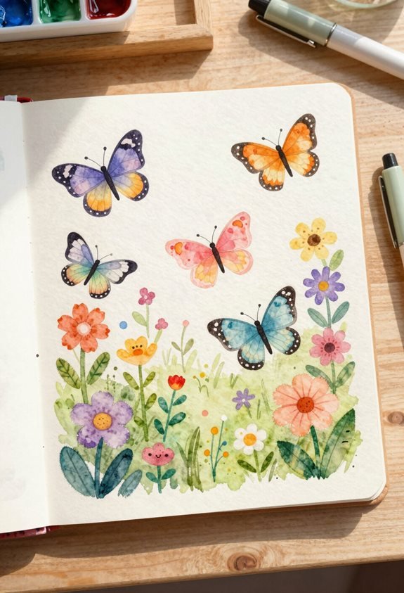 watercolor butterfly garden scene