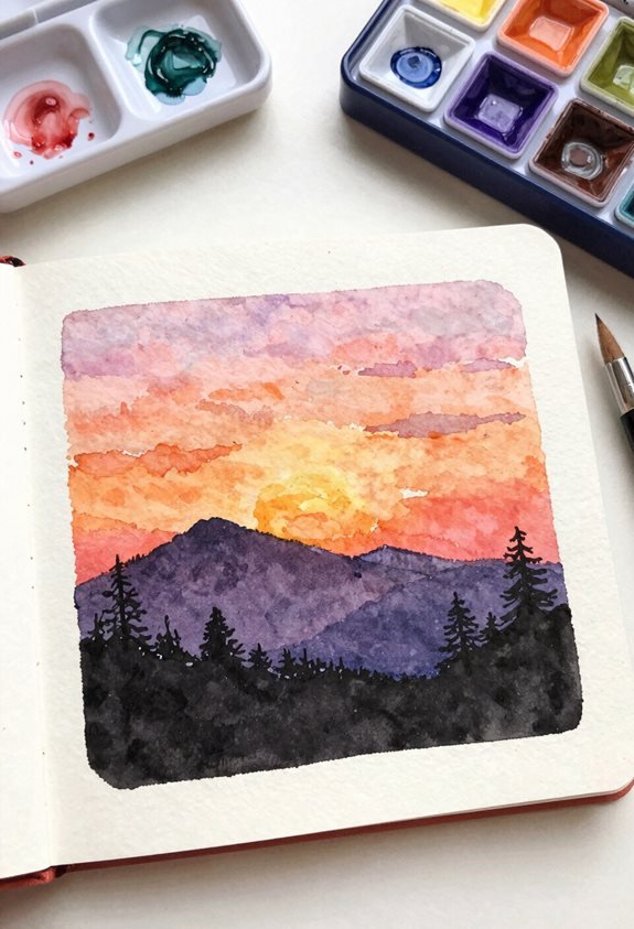 watercolor mountain sunset silhouette